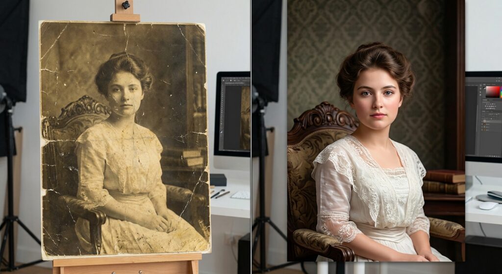 Comparativo de restauração de foto antiga amarelada antes e depois para gravação em porcelana.