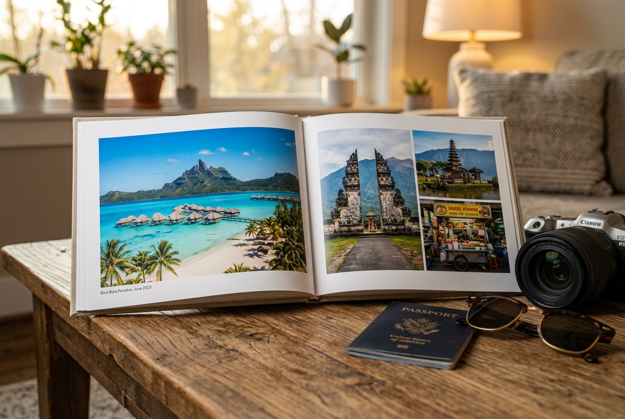 Álbum de fotos de viagem aberto mostrando imagens impressas em alta resolução de praias e passeios.