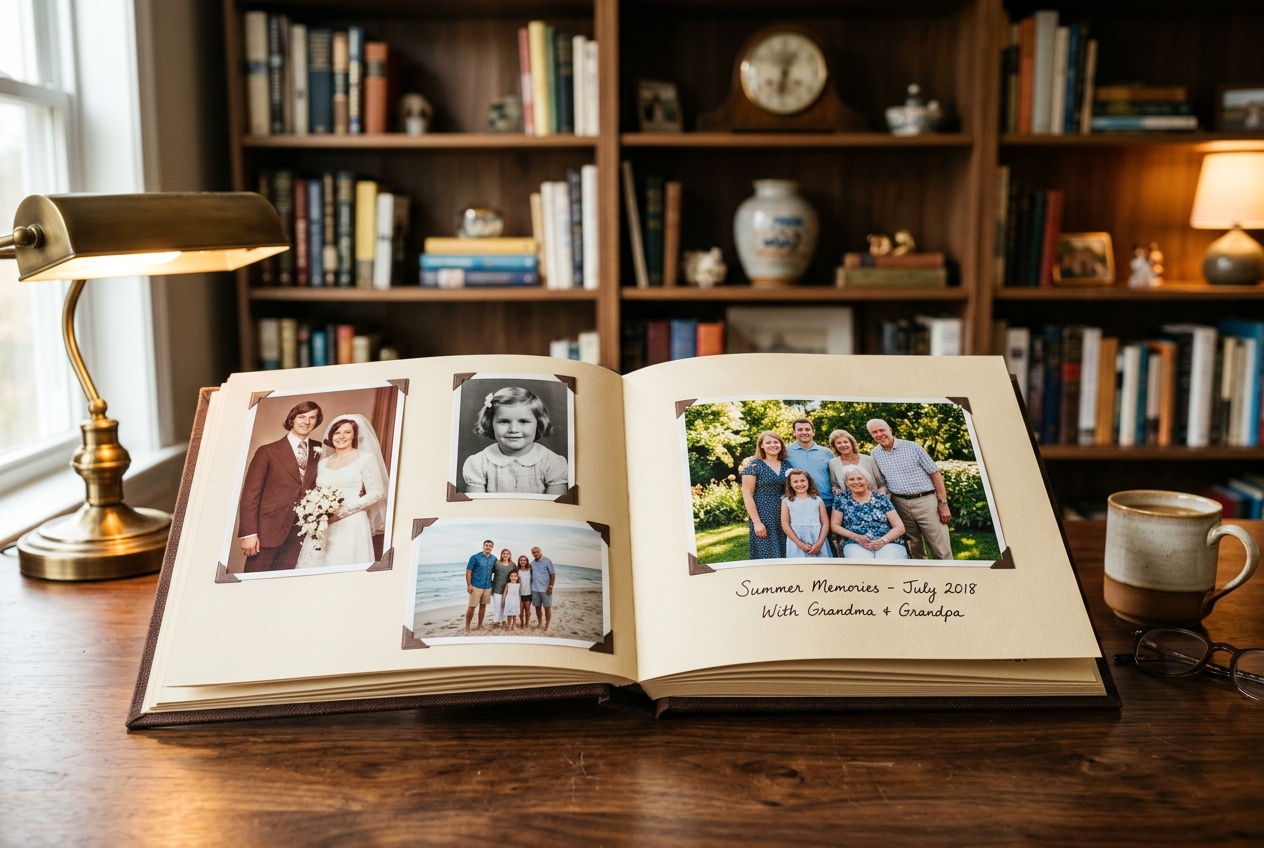 Álbum de fotos de família impresso aberto sobre mesa de madeira bem conservado.