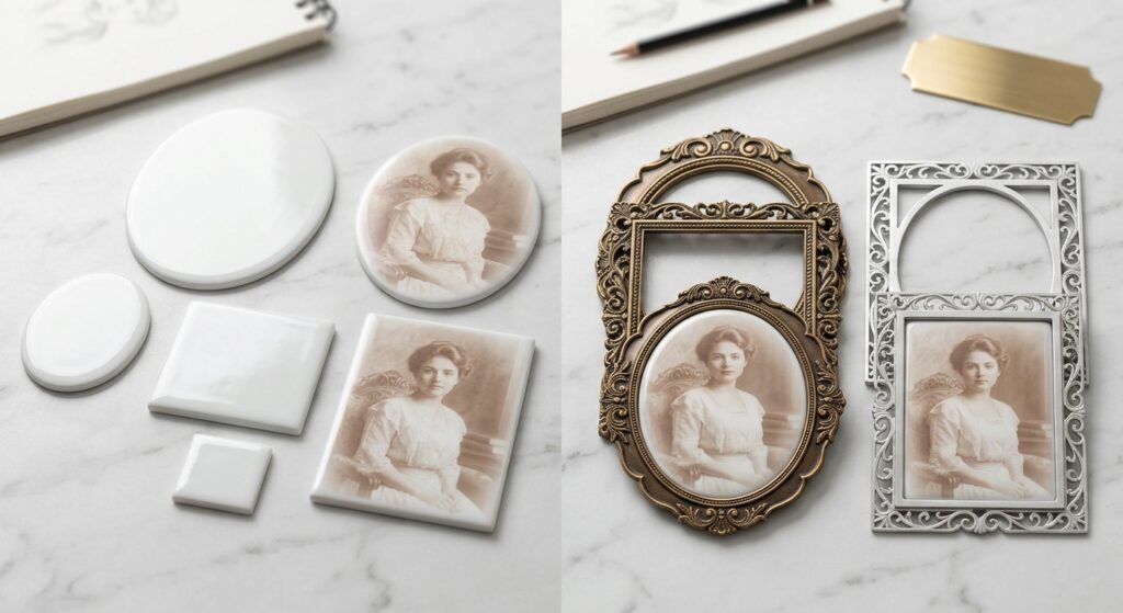 Placas de porcelana fotográfica nos formatos oval e retangular para homenagens em jazigos.