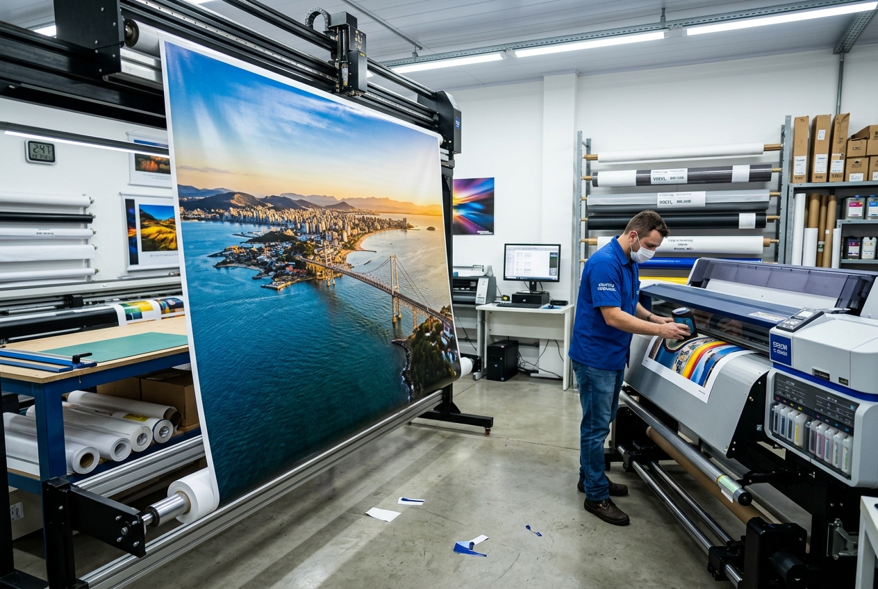 Impressão de banner fotográfico em grande formato com alta resolução de imagem e cores vivas.