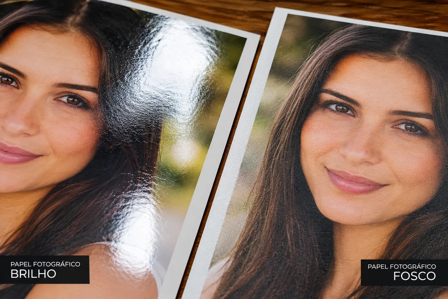 Comparação macro entre acabamento de papel fotográfico brilho e papel fosco sem reflexo.