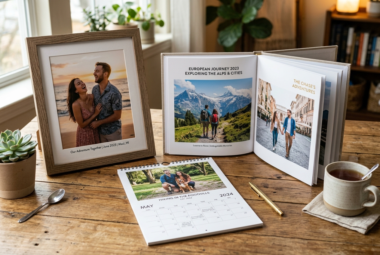 Conjunto de presentes personalizados com foto incluindo quadros, álbuns e calendários.