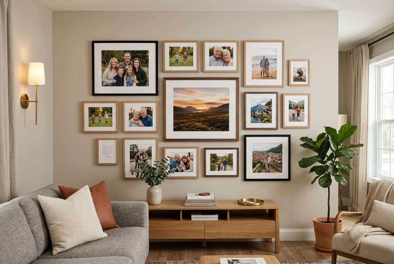 Parede decorada com conjunto de quadros fotográficos emoldurados com fotos de família e paisagens.